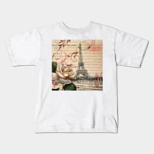 dark academia vintage french botanical white rose paris eiffel tower Kids T-Shirt